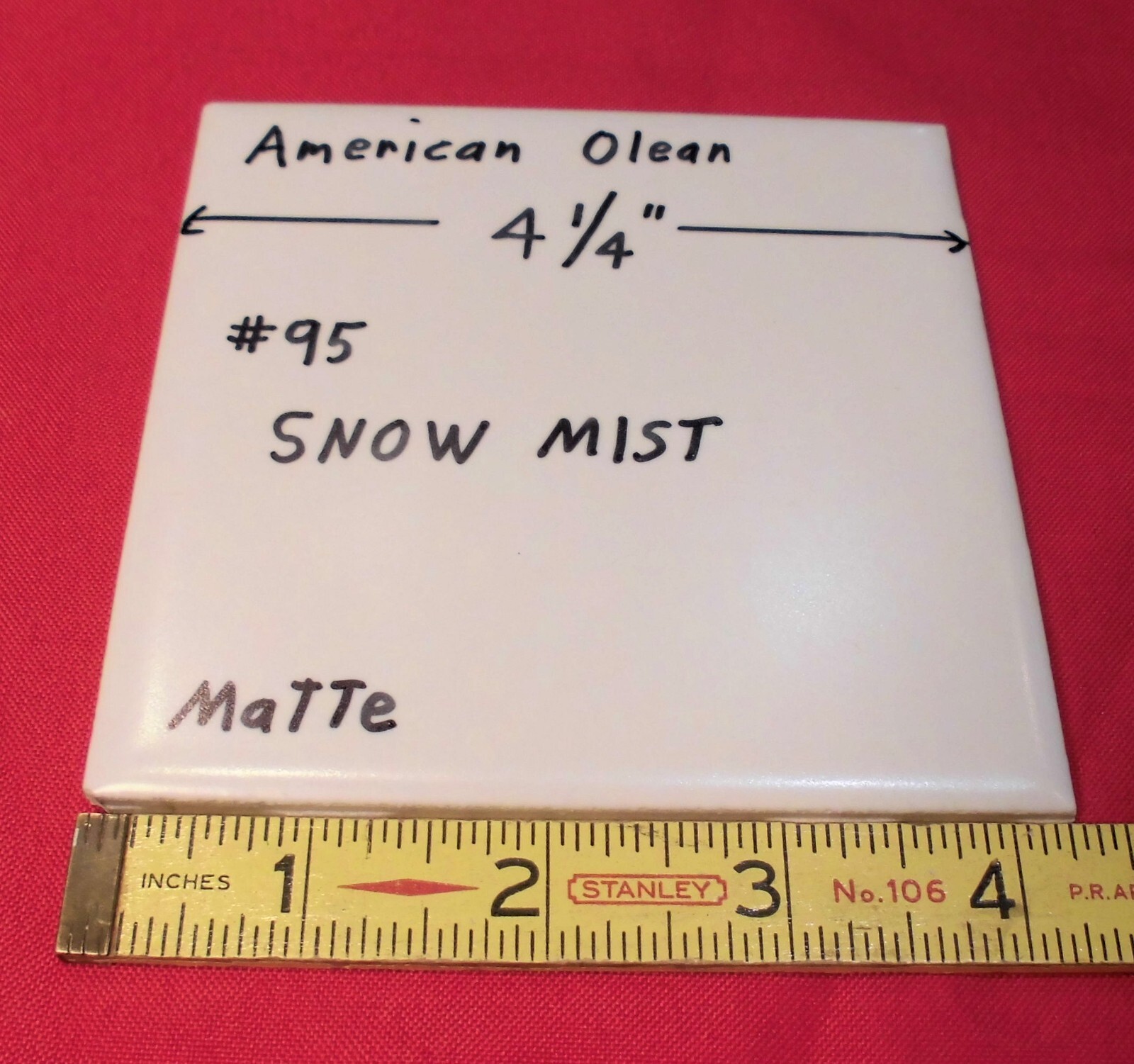 1 pc. Snow Mist: 4-1/4″ Matte White Ceramic Tile: American Olean, 1950’s-80’s