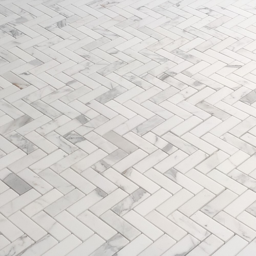 L72XH Statuary White Statuario Marble 1×3 Herringbone Mosaic Tile Honed