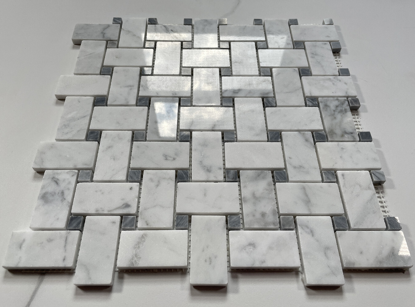 C657XP Basketweave Carrara White Marble Mosaic Tile Dark Grey Dots Polished