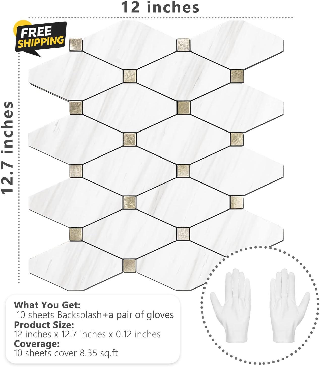 10 Sheets Peel and Stick Dolomite Mosaic Tile, White Marble Look PVC Mixed