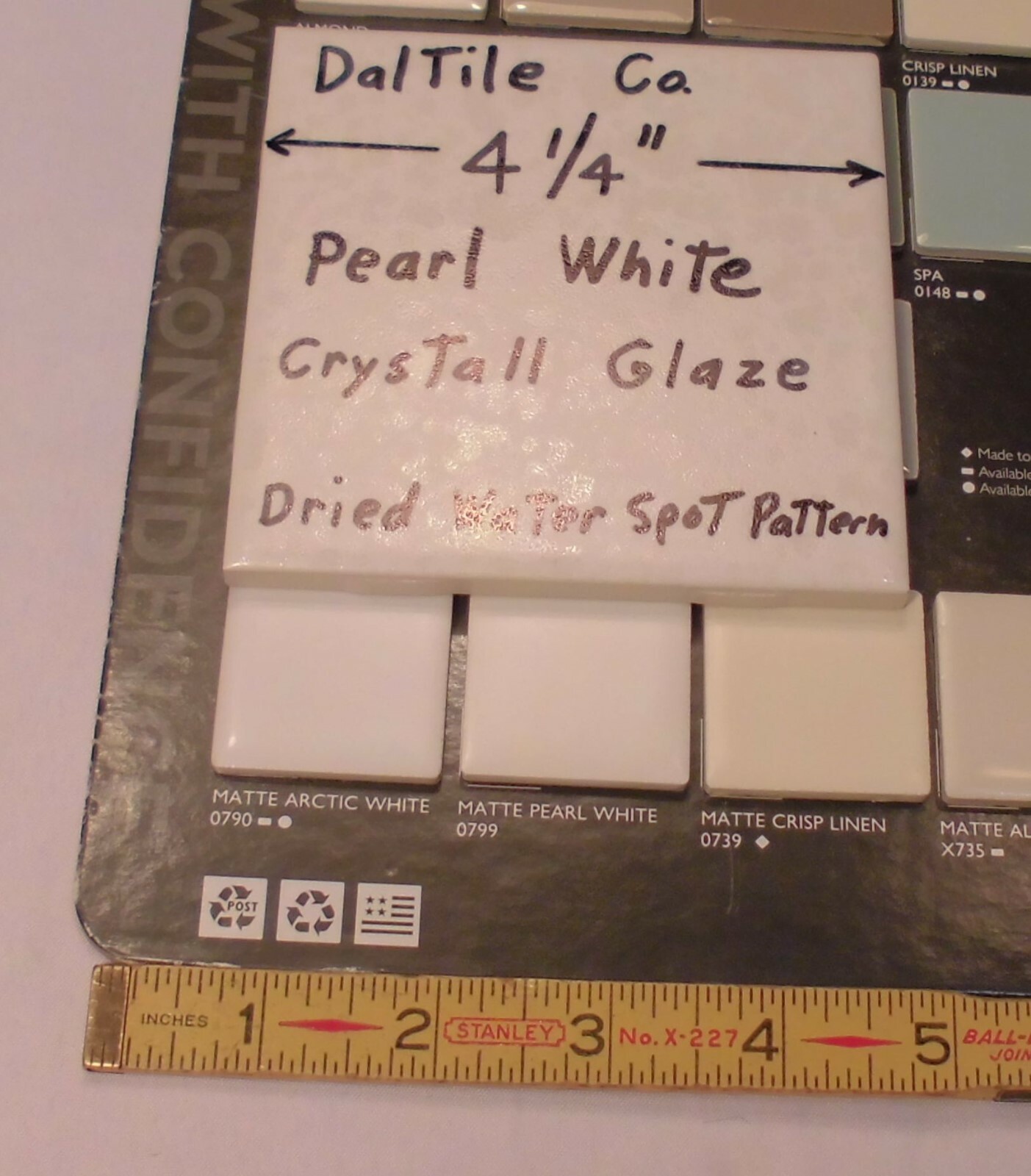 1 pc. *Pearl White* Ceramic Tile by Daltile 4-1/4″ Crystall Glaze, New 1990’s