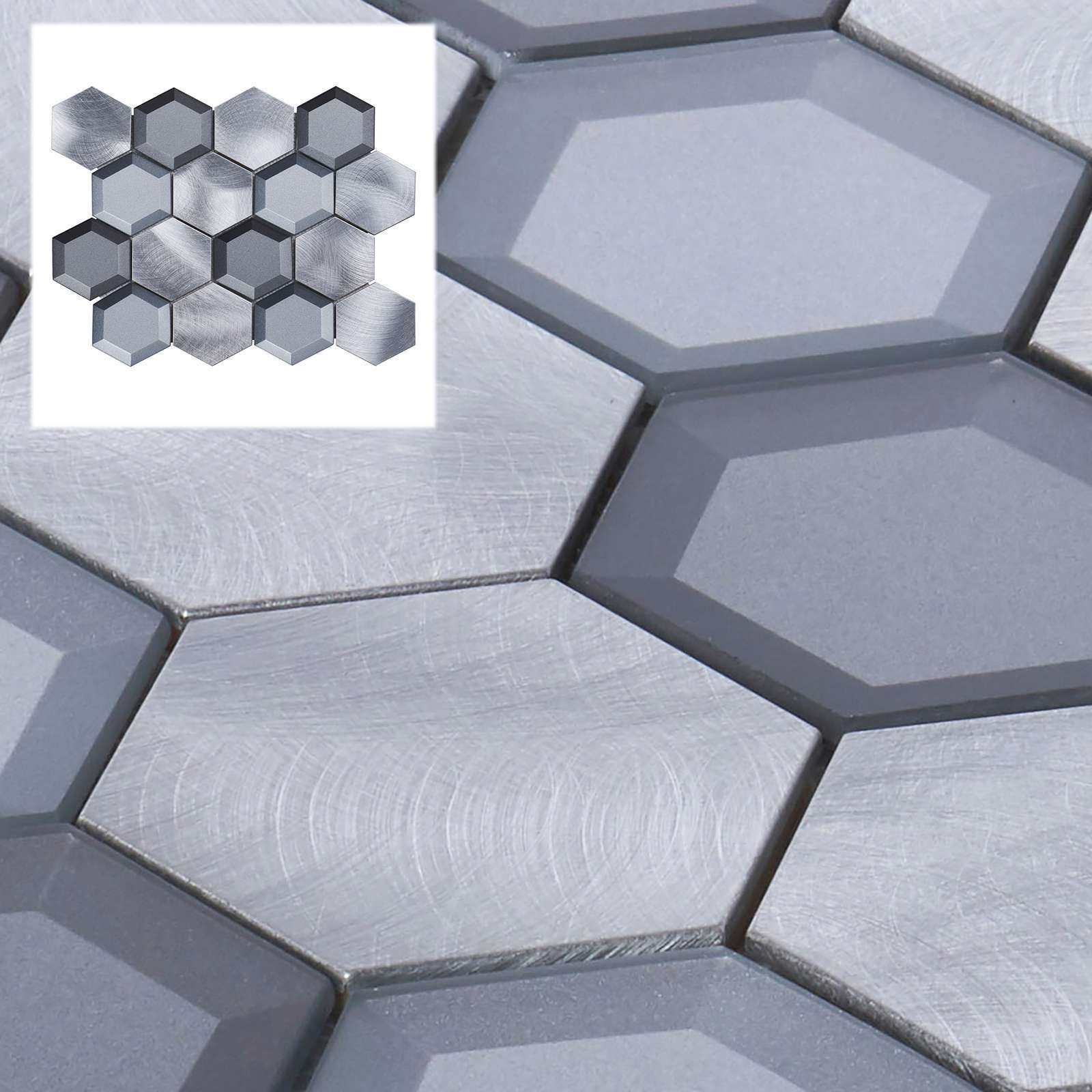 Gray Aluminum Metallic 3D Crystal Glass 2.5″ Hexagon Mosaic Tile Wall Backsplash