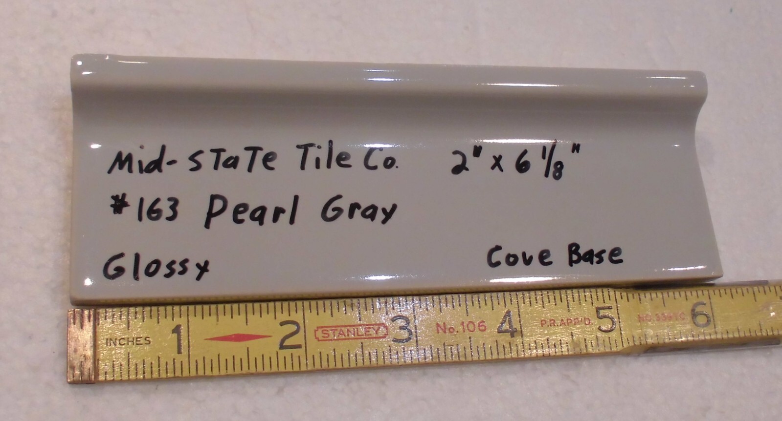 1 pc. Pearl Gray: 2” X 6-1/8” Glossy Ceramic Cove Base Tile, Flat Top, NOS