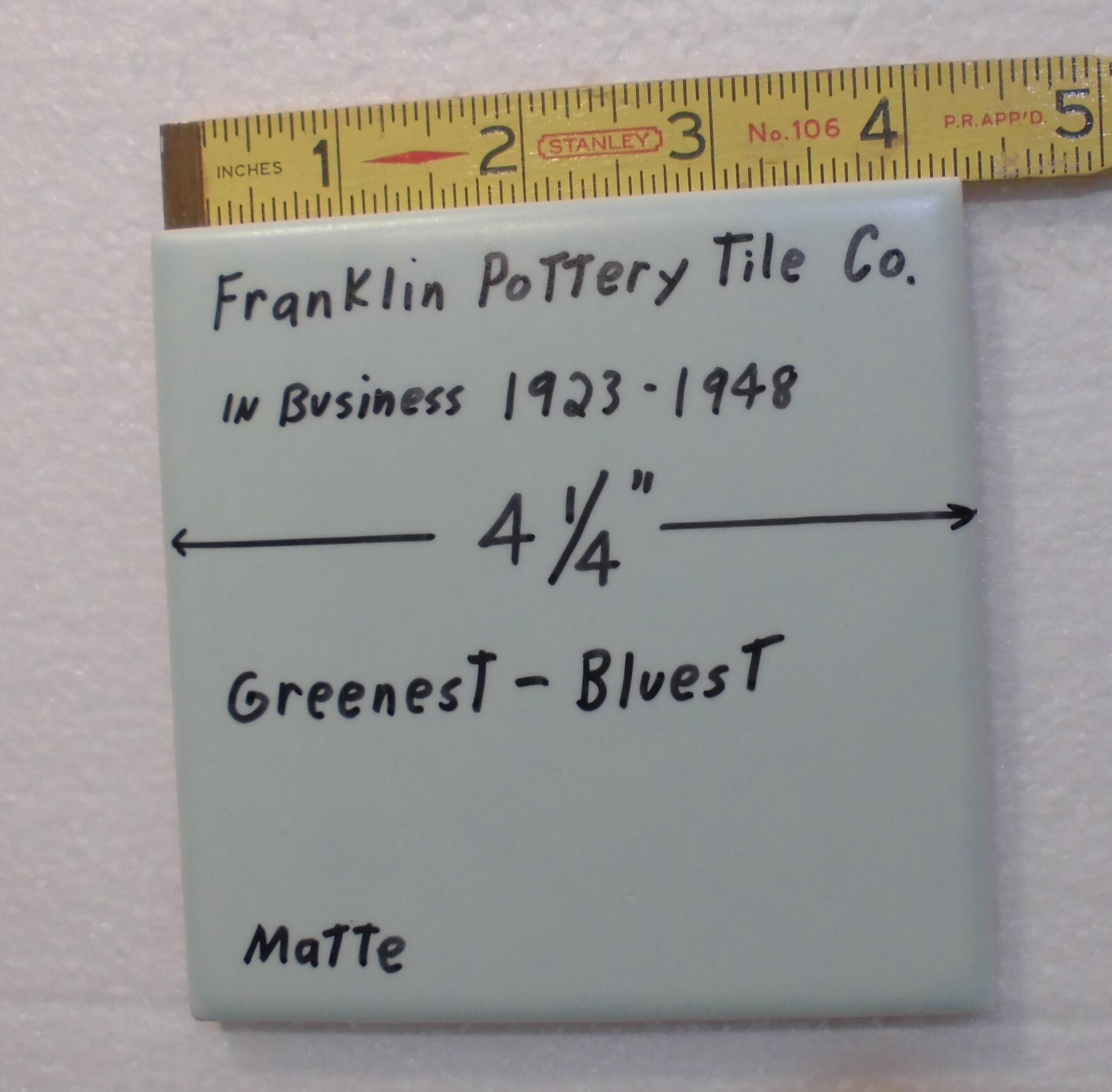 1 pc. Green – Blue: Matte Ceramic Tile by Franklin Co. 4-1/4″ Criteria 1930’s