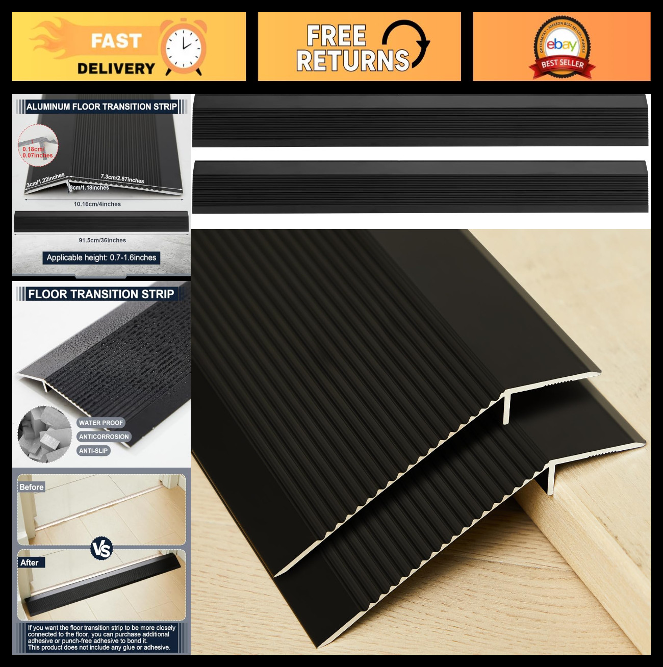 2 Pcs Aluminum Floor Transition Strip 36″ Threshold Ramp Edge Trim – 1.8mm Thick