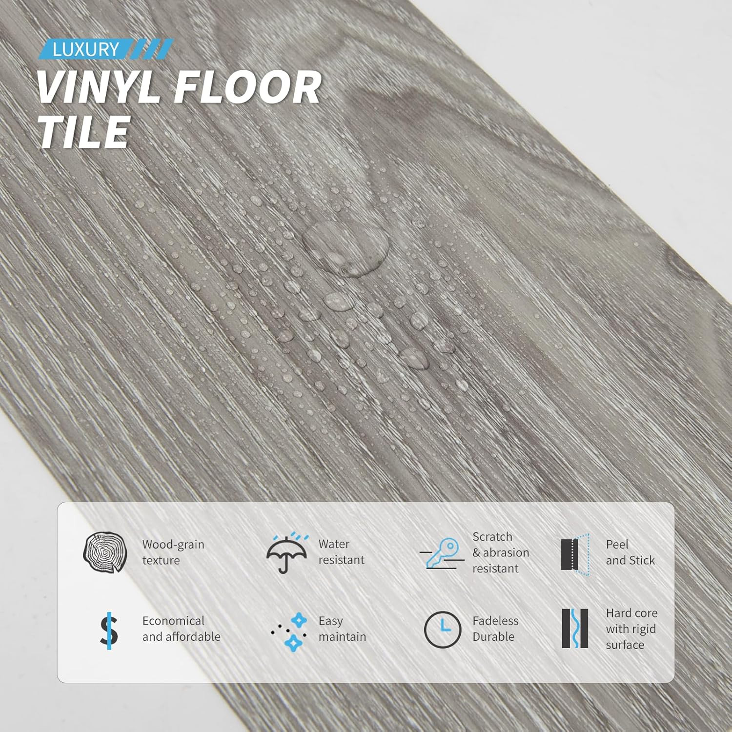 Peel and Stick Floor Tile Vinyl Wood Plank 36-Pack 54 Sq.Ft, Light Grey, Rigid S