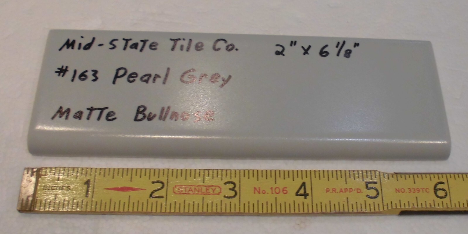 1 pc. Vintage Matte *Pearl Gray* 2” X 6-1/8” Surface Bullnose Ceramic Tile, NEW