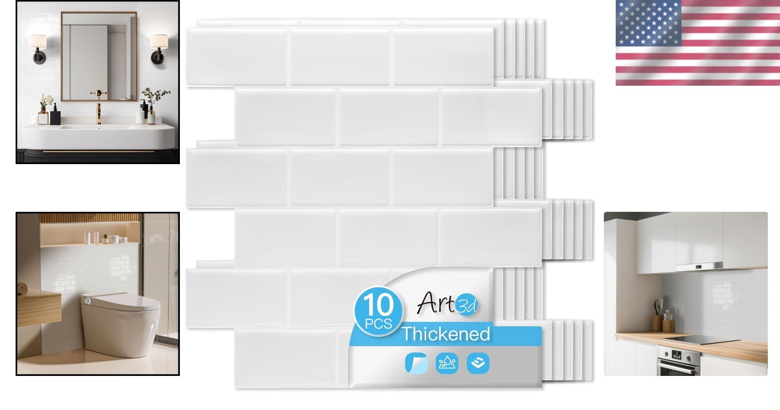 Thickened Subway Tile Backsplash, Self-Adhesive, 10-Pack