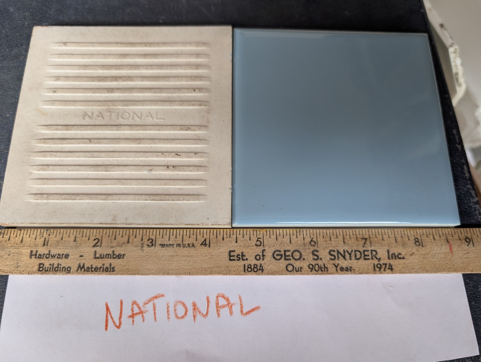 2 pc. Vintage 4-3/8″ Glossy Blue Ceramic National Tile Co. Sq. Edge Cornflower