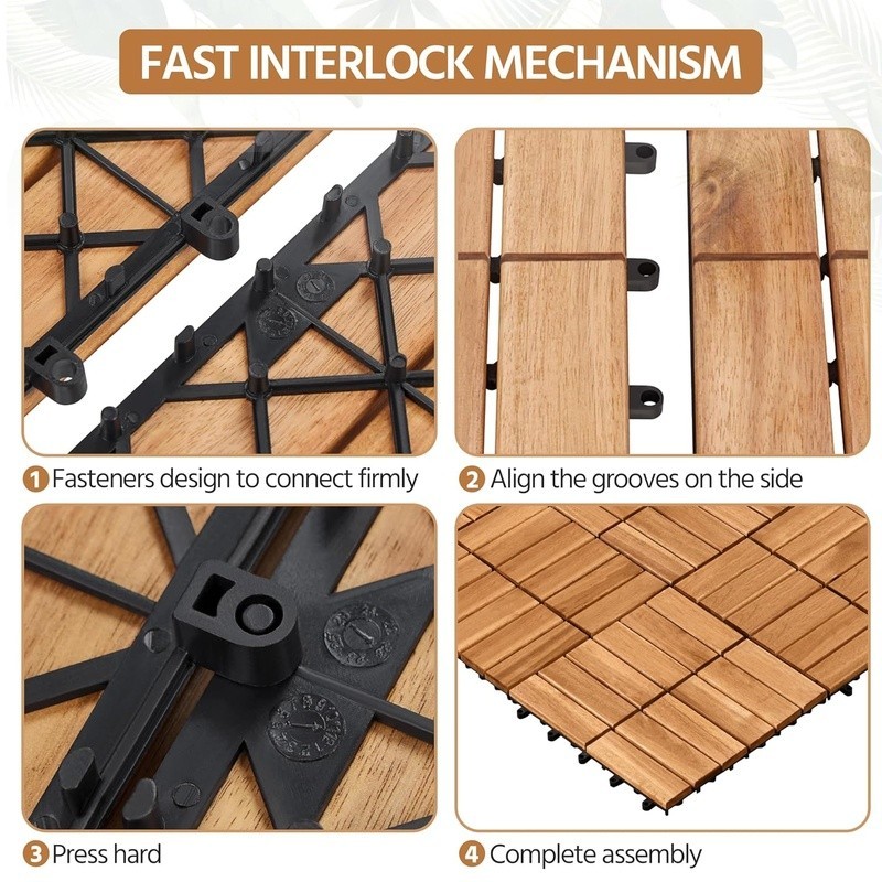 Acacia Wood Interlocking Patio Tiles Non-Slip Outdoor Flooring 11.81×11.81in New