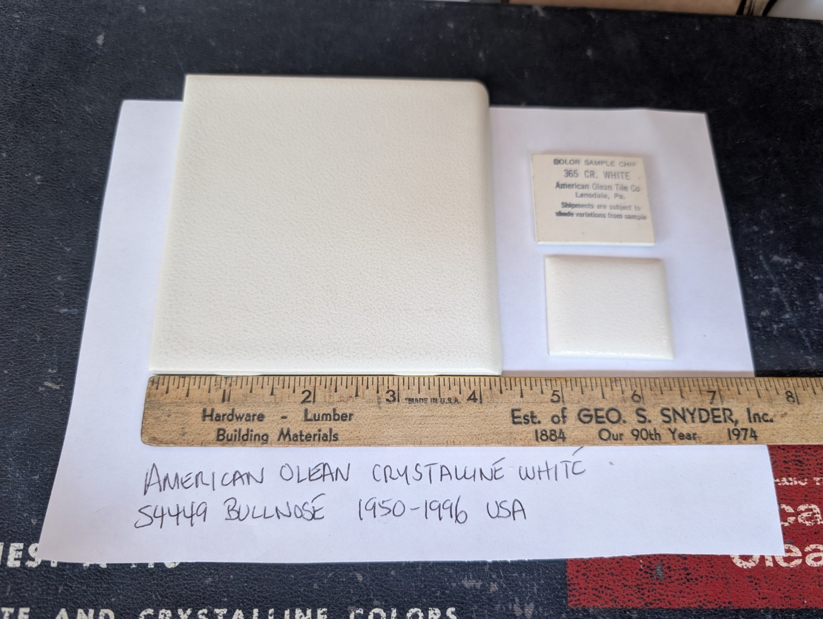 2 pc American Olean Crystalline White ceramic tile 4-1/4″ #365 Bullnose 60s 70s