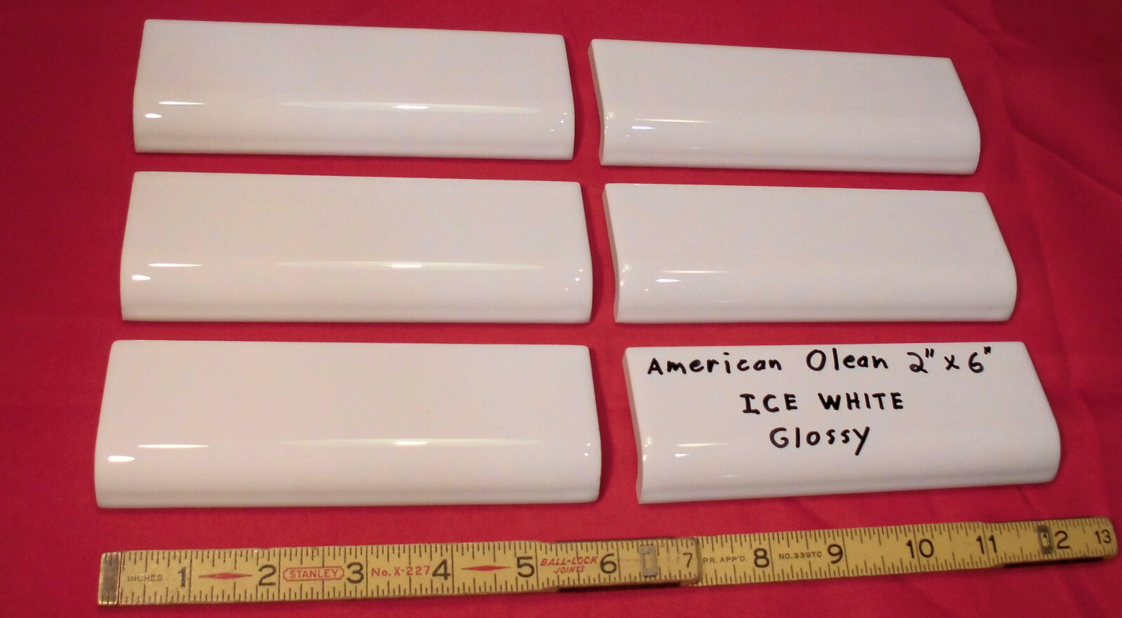 6 pcs. *Glossy Ice White* 2″ X 6″ X 5/8″ Ceramic Radius Bullnose Tiles; NEW