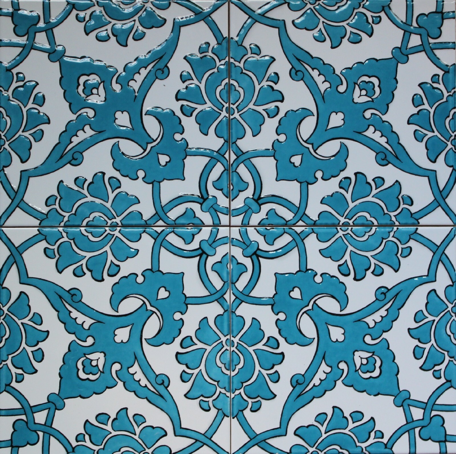 Turquoise Blue 16″x16″ Turkish Ottoman Iznik Floral Pattern Ceramic Tile Set
