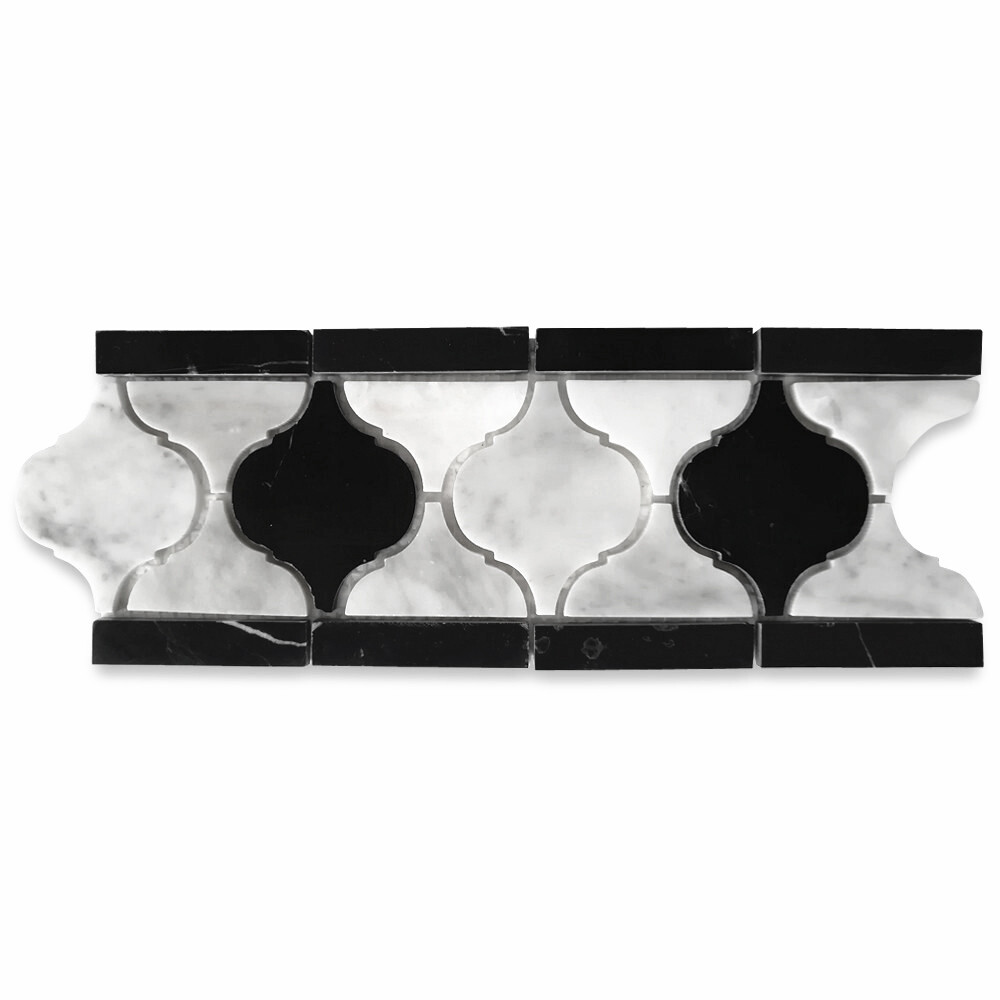 C892B2XP Carrara Venato Marble Arabesque Baroque Border Tile Mix Black Polished