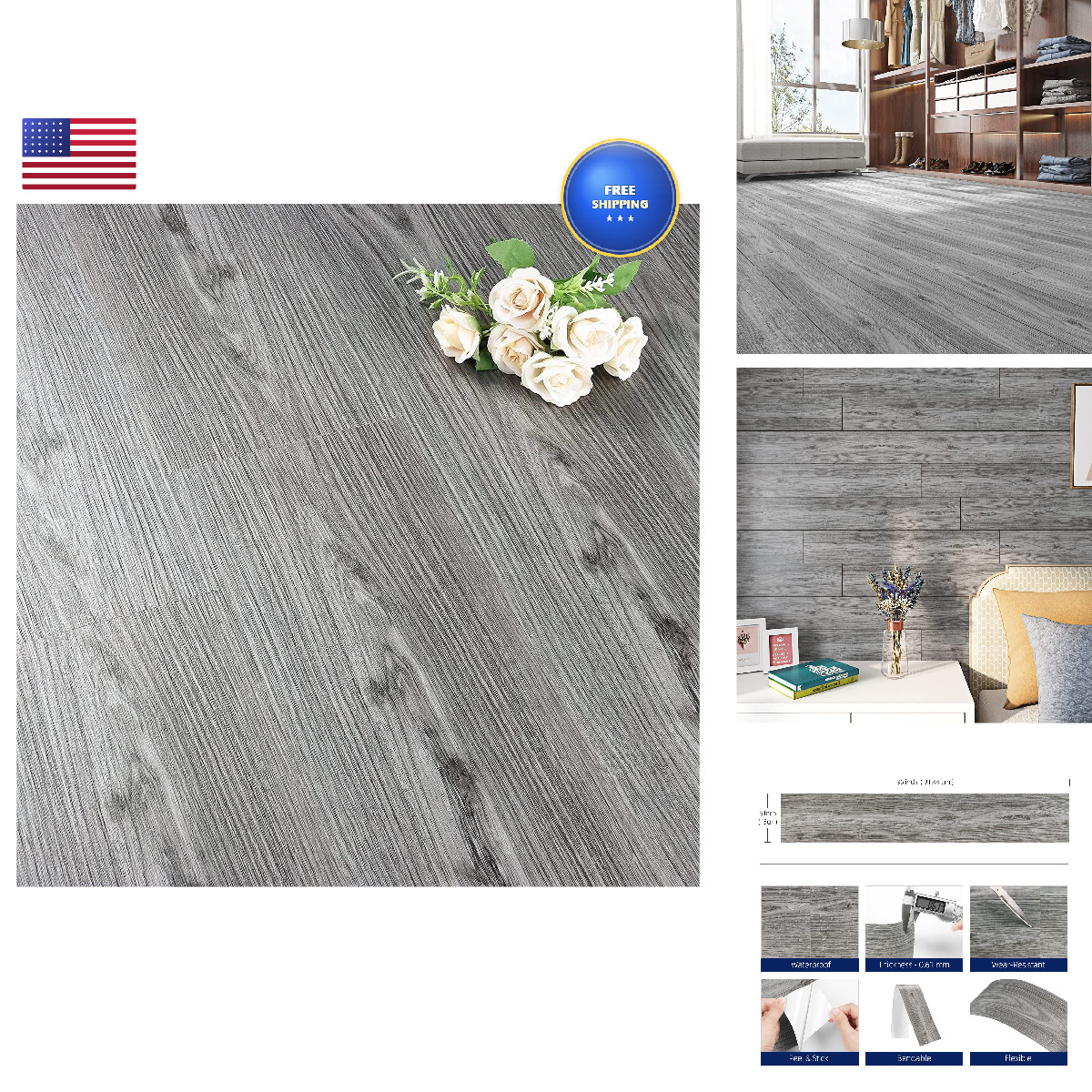 Funstick 6X36 30 Sheets Peel And Stick Floor Tile Waterproof Grey Wood Look