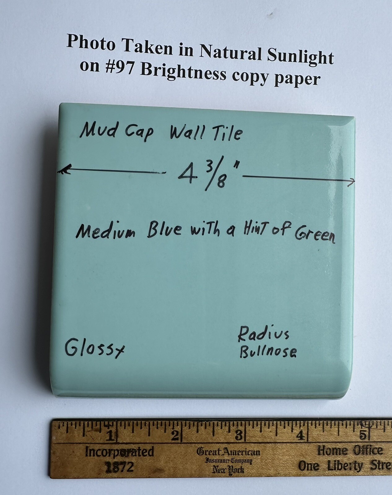 1pc. Blue + hint of green: Radius Bullnose Ceramic Tile 4-3/8″: Glossy, Mud Cap