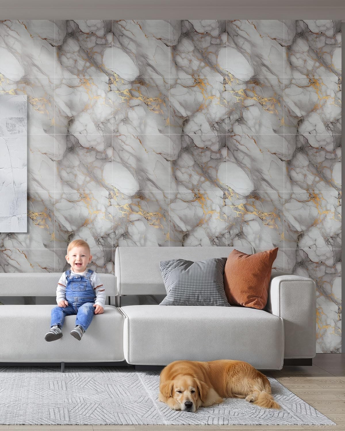 Self-Adhesive 11.8” Marble Wall Tiles – 20PC Waterproof PVC Panels in Gold