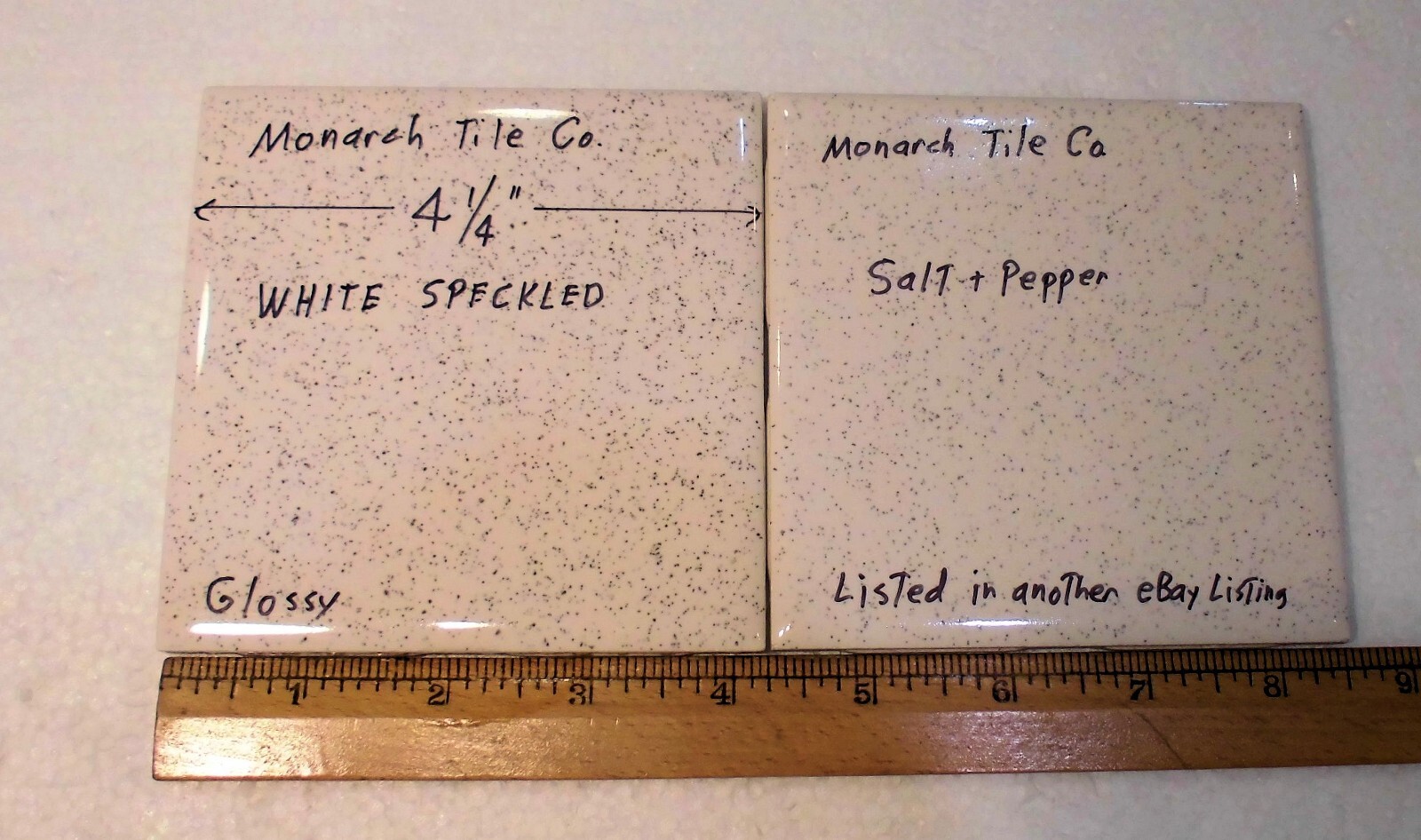 1 pc. White Speckled: 4-1/4″ Glossy Ceramic Tile by Monarch Co., salt & pepper