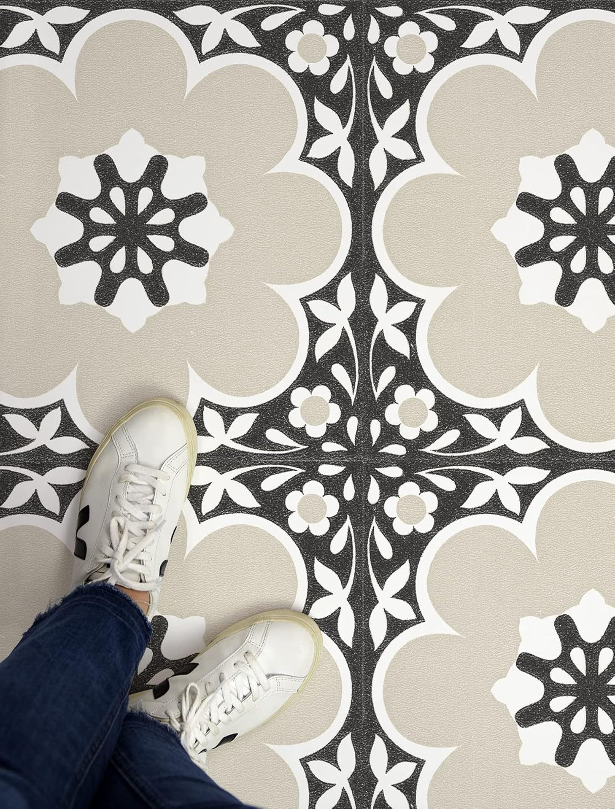 Vinyl Floor Tiles Black Floral Pattern 12×12 Inches Pack of 10 Easy Peel Stick
