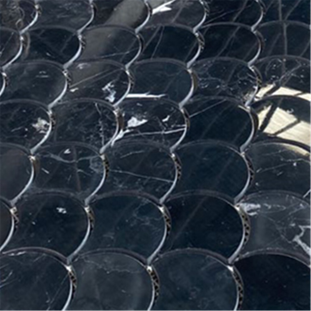 N993XP Nero Marquina Black Marble Fish Scale Fan Shape Mosaic Tile Polished