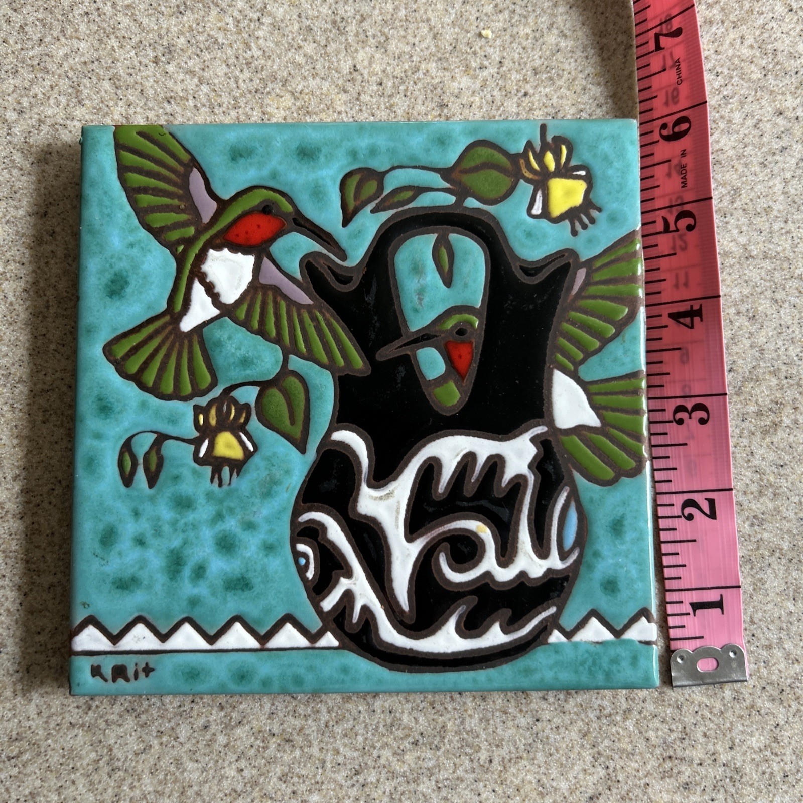 1995 Earthtones Hummingbird Ceramic Art Tile 6″x6″ Native American Wedding Vase
