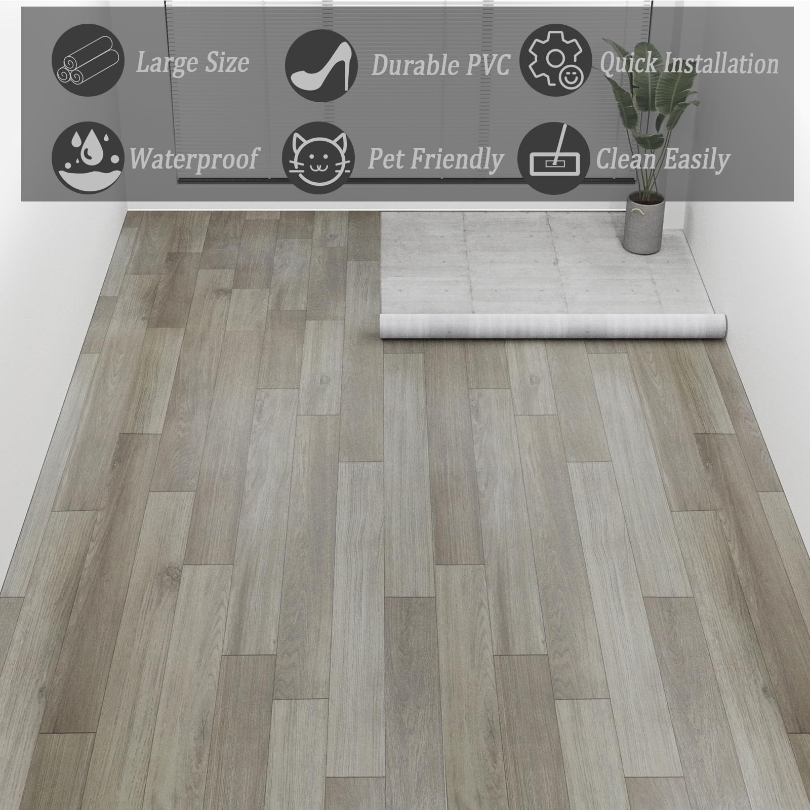 Oxdigi Vinyl Flooring Roll 53 3’4″W x 16’5″L (53 sq.ft), Blocky Grey Oak