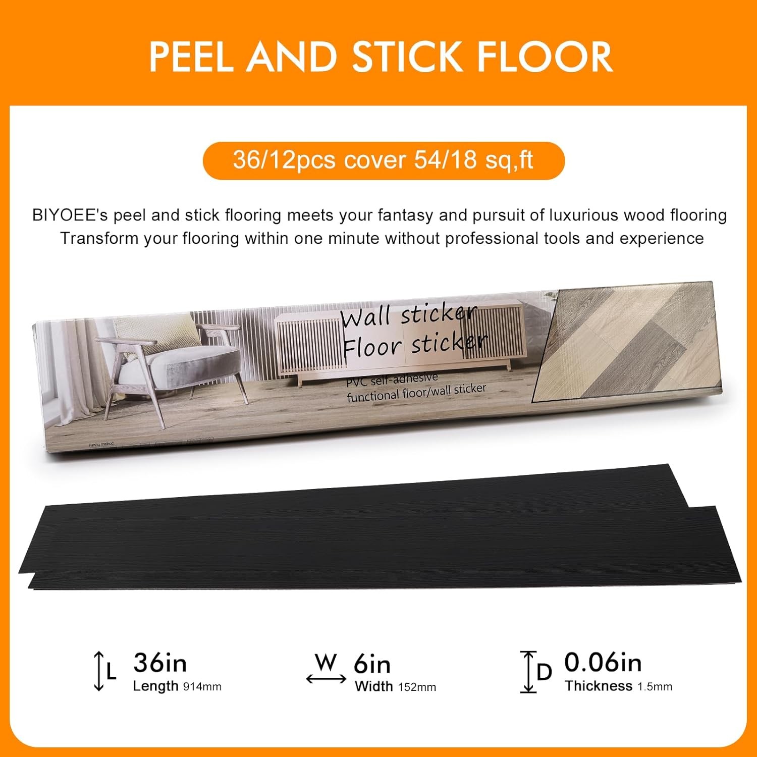 36-Pack Peel and Stick Black Vinyl Floor Tiles for Home Decor, 54 Sq.Ft.