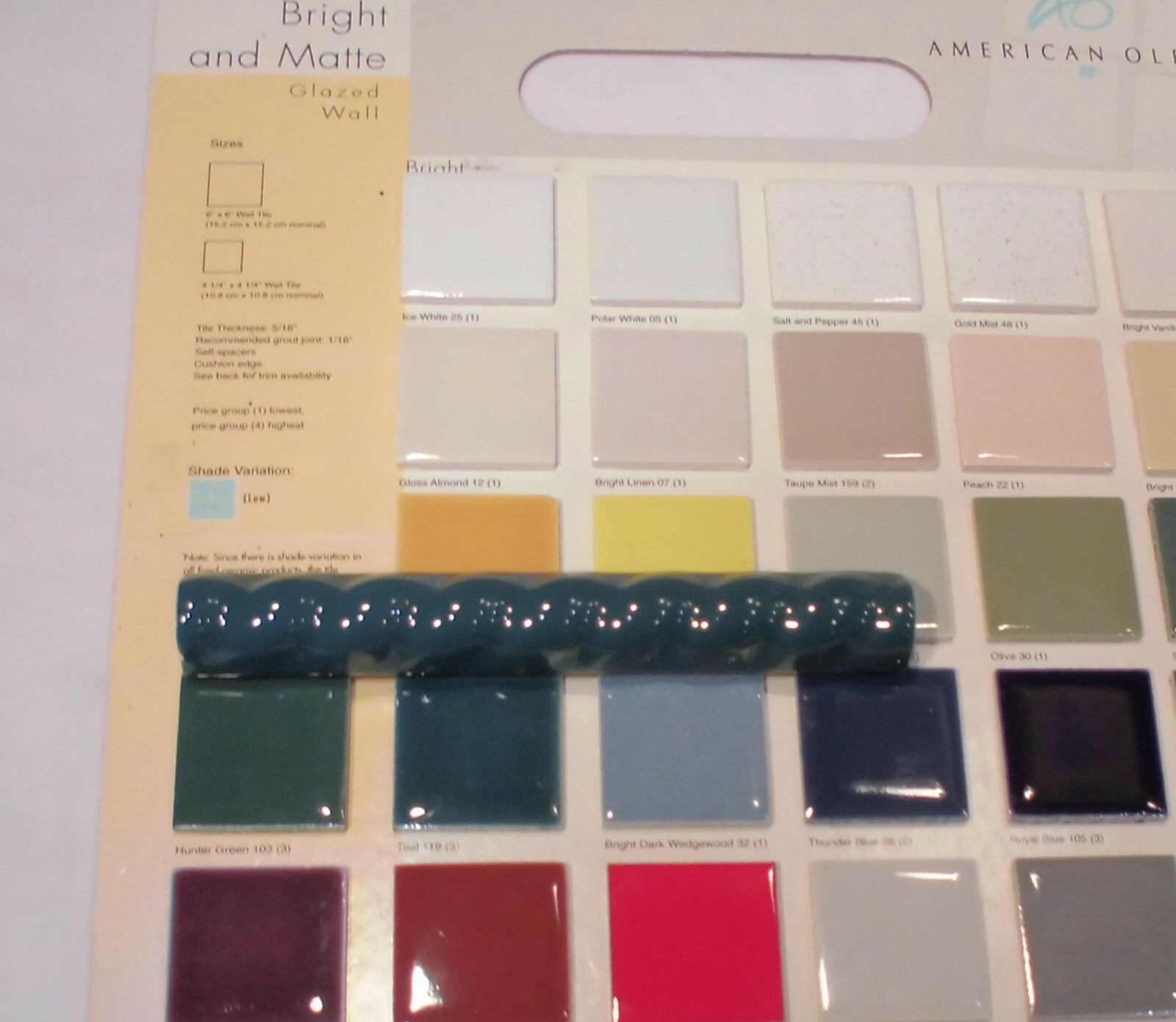 1 pc. Glossy Teal Ceramic Sizzle Liner Rope Tiles 3/4″ X 6″ American Olean New