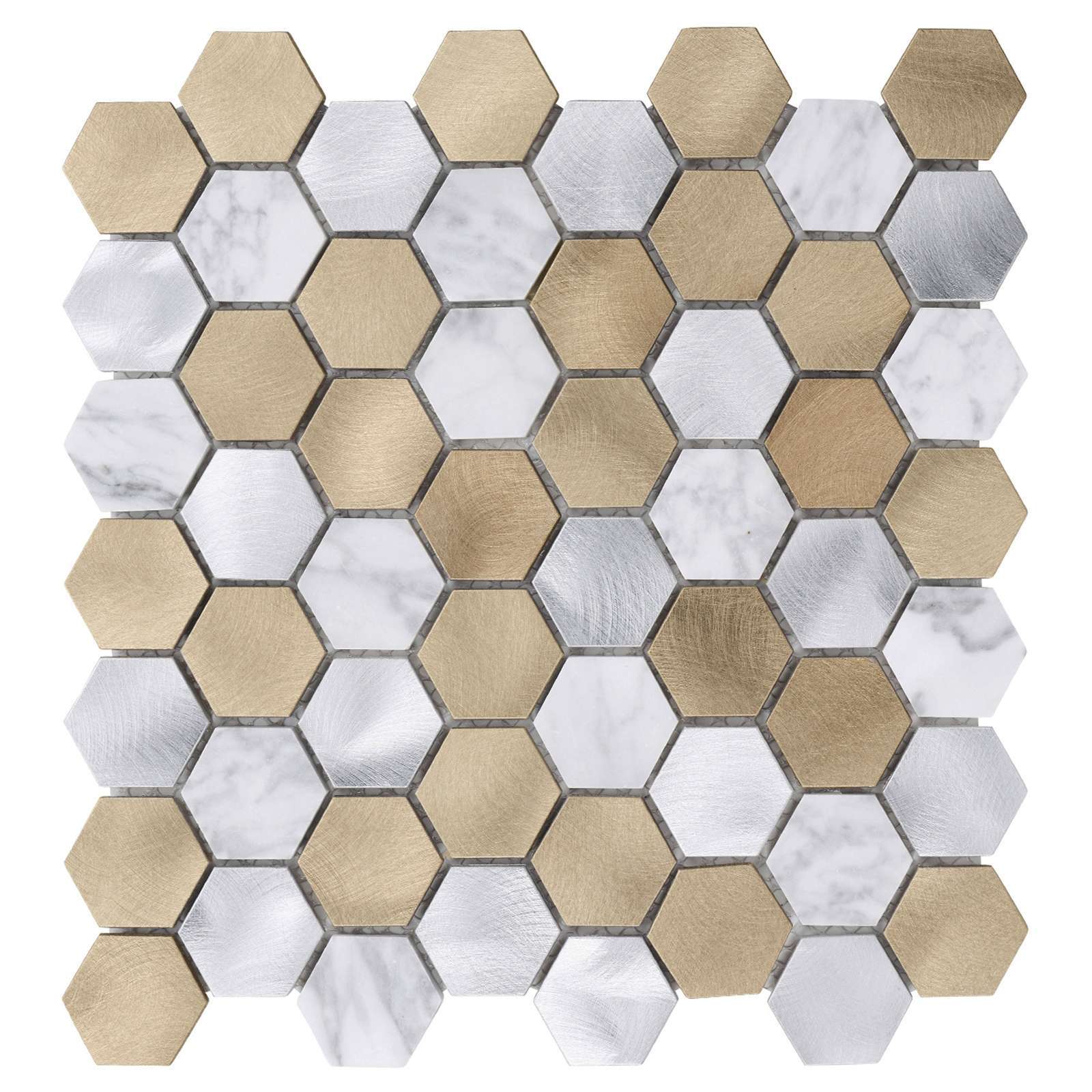 White Calacatta Marble Champagne Gold Metal 1.5″ Hexagon Mosaic Tile Backsplash