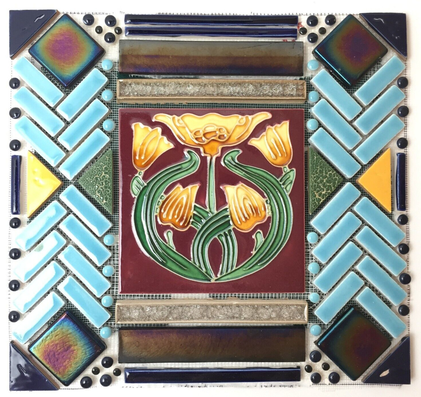 Tile Mosaic Feature Panel w/Vintage Handmade Ceramic and Glass Tile 12″ X 12.75″
