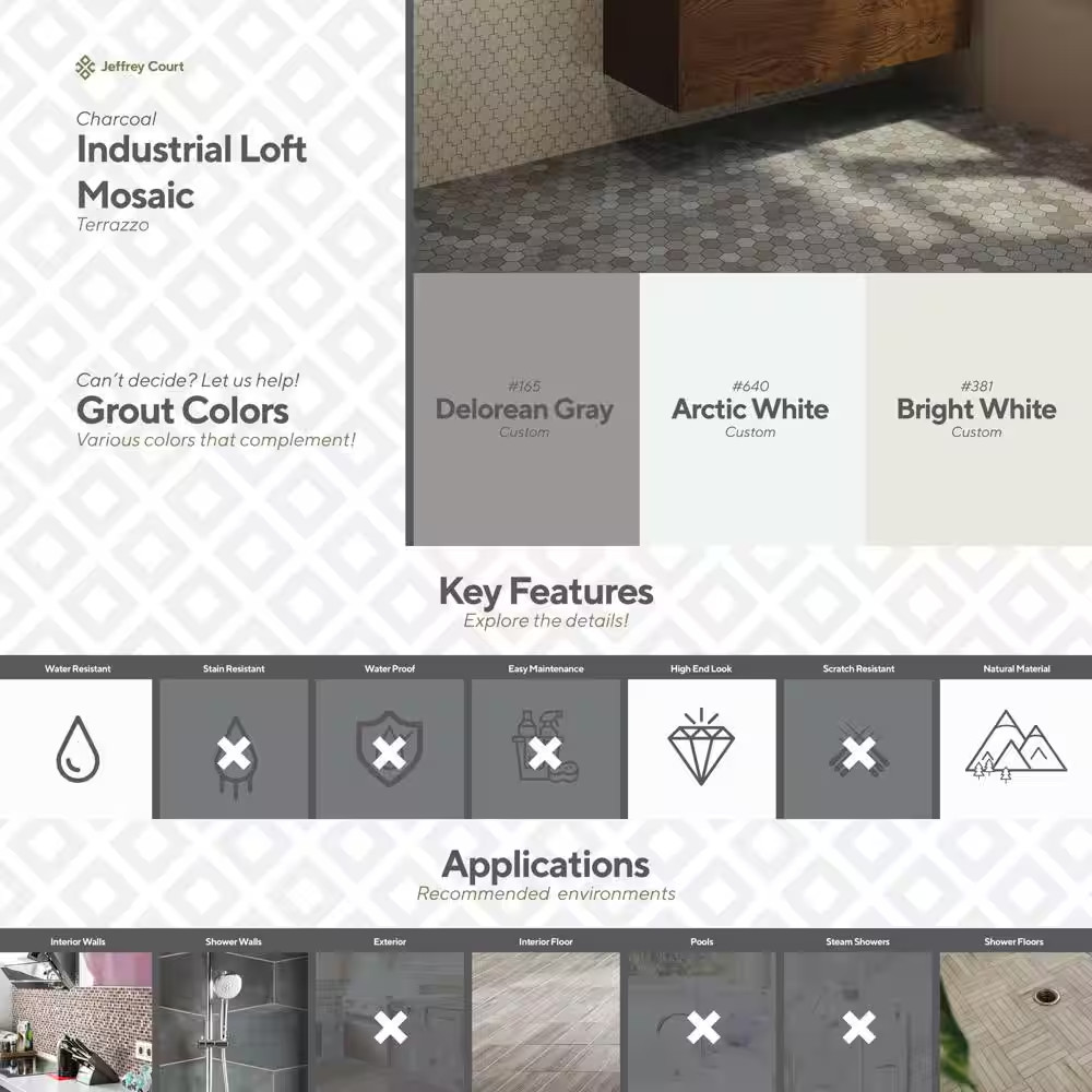 Industrial Loft Charcoal 11.25 In. X 11.75 In. Hexagon Honed Terrazzo Wall and F