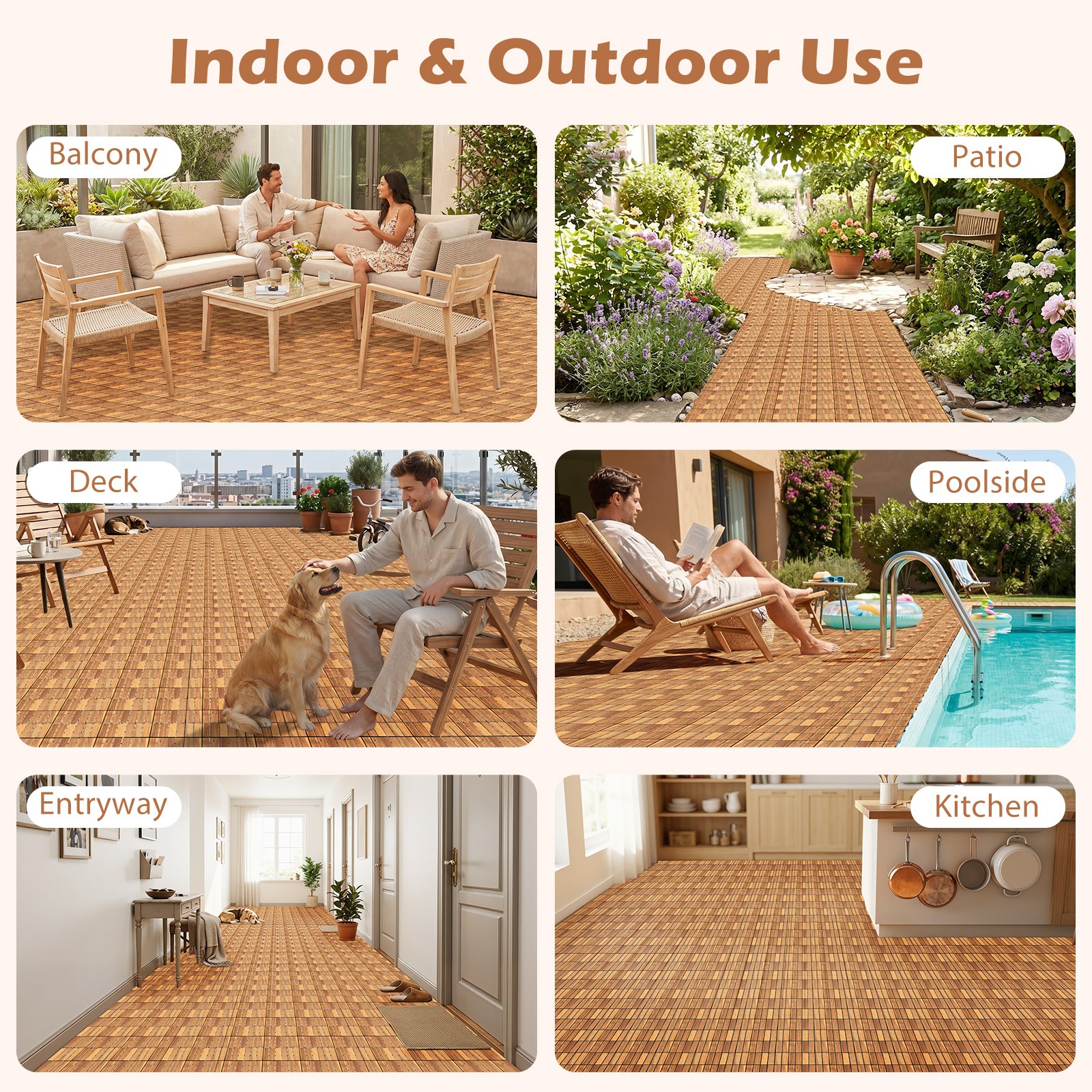 12″ x 12 Acacia Wood Interlocking Deck Tiles 54 PCS Waterproof Flooring Tiles