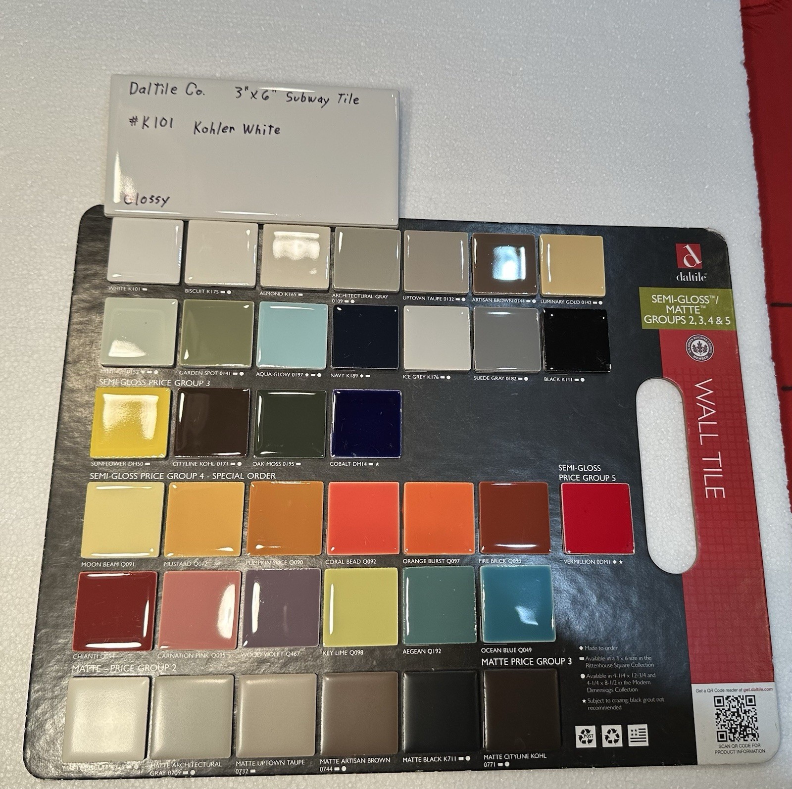 1 pc. Kohler White by Daltile #K-101: 3″ X 6″ Glossy Ceramic Tile, New Stock