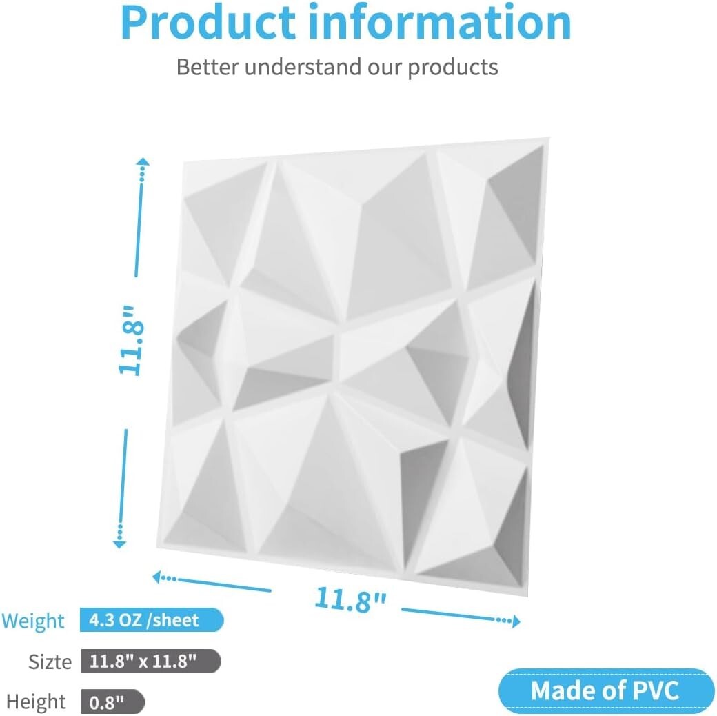 Art3d 33-Pack 11.8″x11.8″ PVC 3D Wall Panels in Diamond Design, 32 sq.ft/case