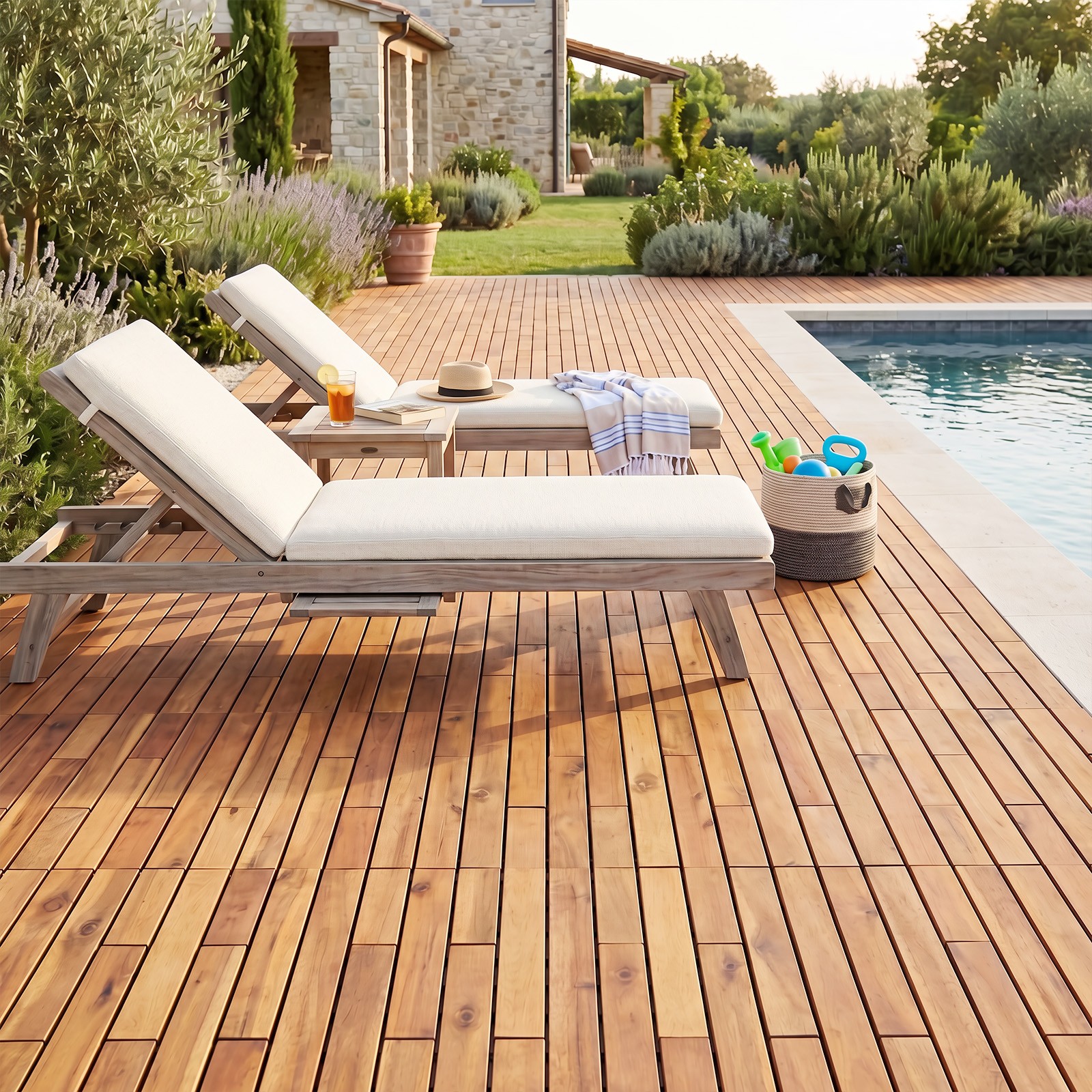 24″ x 12″ Acacia Wood Interlocking Deck Tiles, 36 PCS Waterproof Flooring Tiles