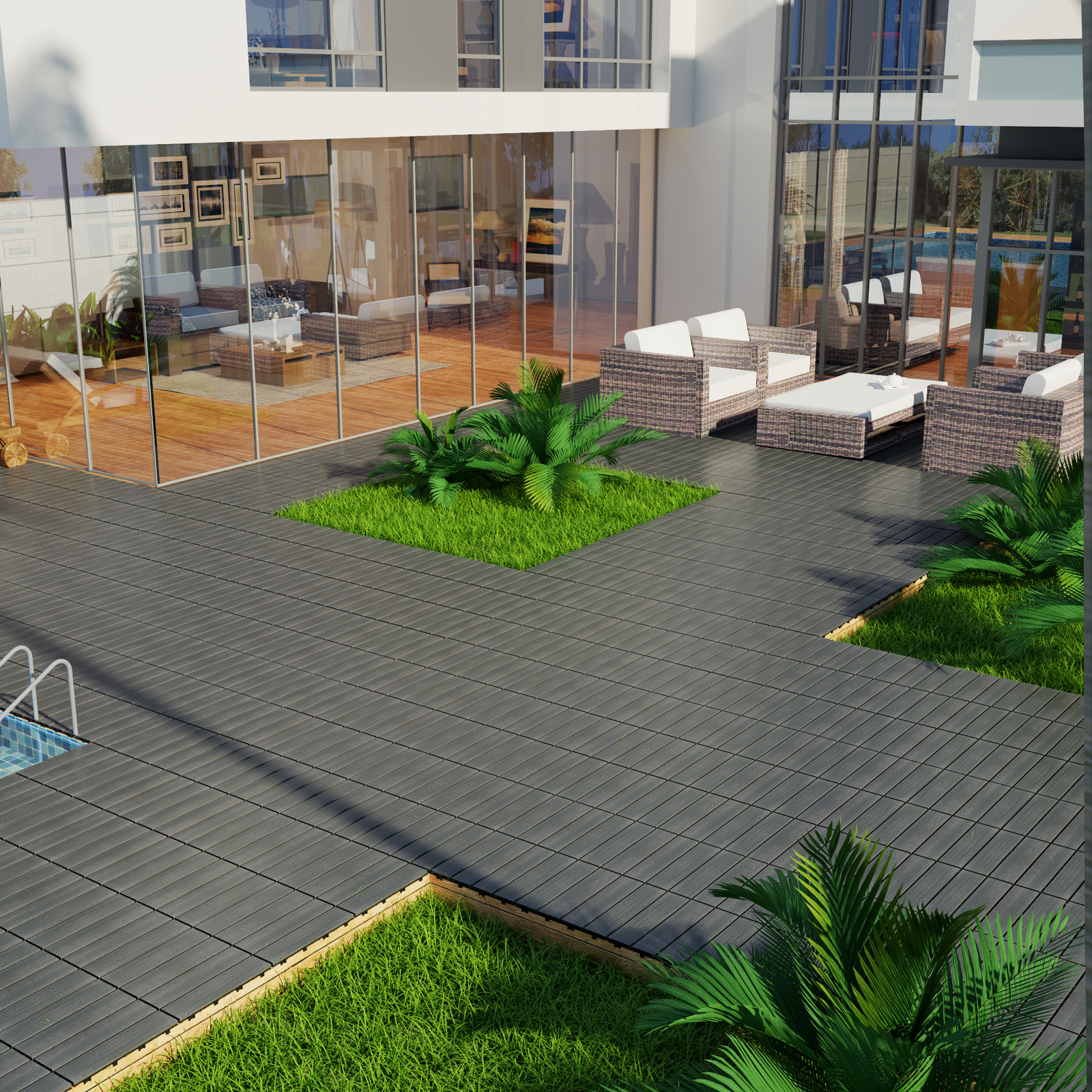 DIY interlocking deck tiles for wood-plastic composite patio decks