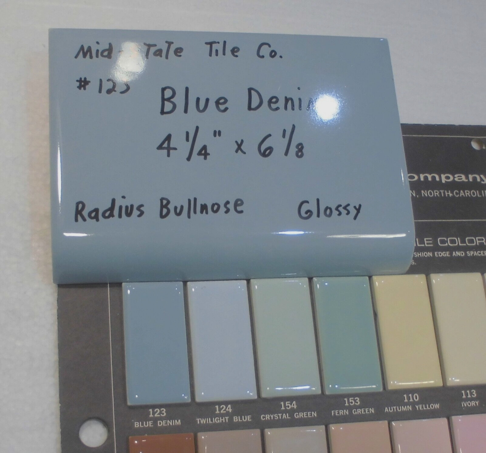 1 pc. *Blue Denim* Glossy Ceramic Bullnose Tile 4-3/8″ X 6-1/8″ by Mid-State Co.
