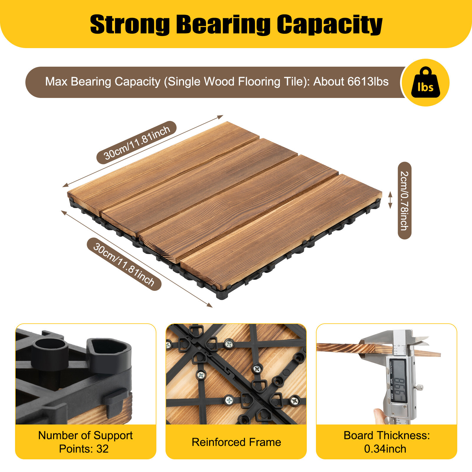 36Pcs Hardwood Interlocking Patio Deck Tiles Wood Flooring DIY Outdoor 12”x12”