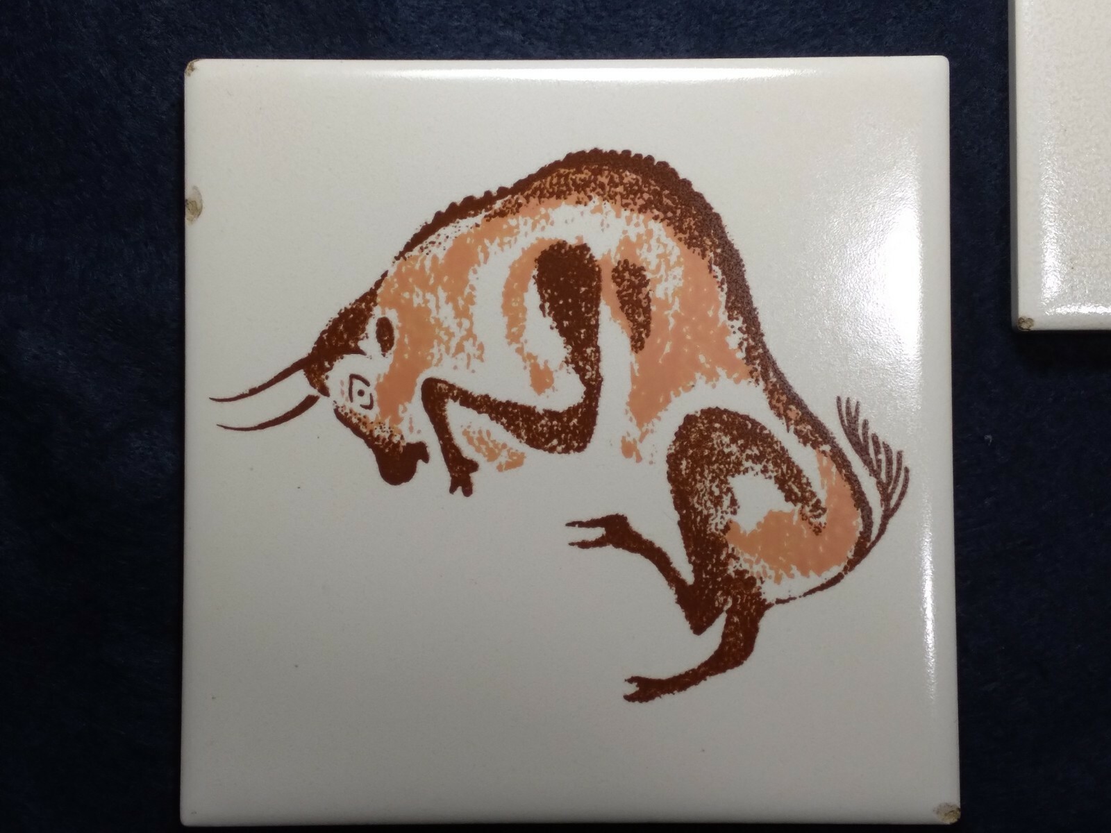 Pair Vintage France Lascaux Cave Painting Bison Decorative Ceramic Art Tiles 6″