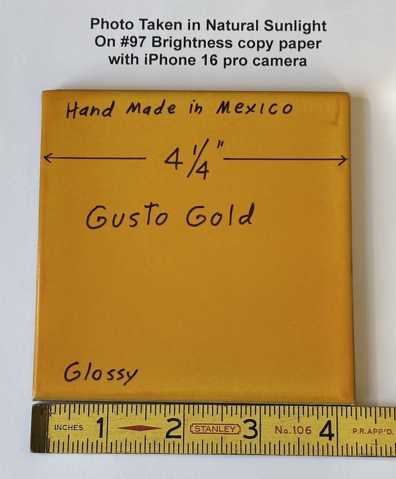 1 pc. Golden-Yellow: 4-1/4″ Hand-Made in Mexico, Glossy Red-Clay Ceramic Tile