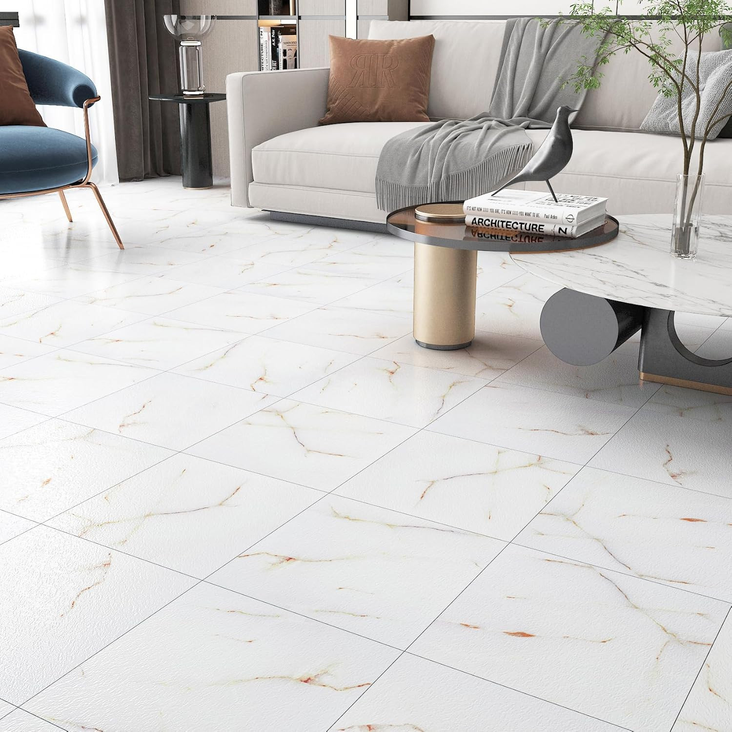 30 Pcs Peel and Stick Marble Look Vinyl Floor Tiles for Kitchen & Bathroom