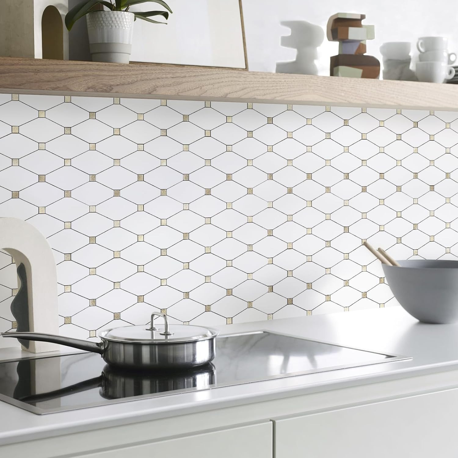 10 Sheets Peel and Stick Backsplash, Pure White Marble Look PVC Mixed Metal Gold