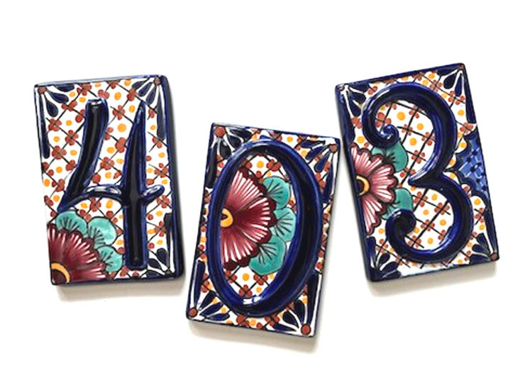 #4, #0, #3 TALAVERO GLAZED TERRA COTTA HOUSE NUMBERS TILES MEXICO; COBALT-MULTI