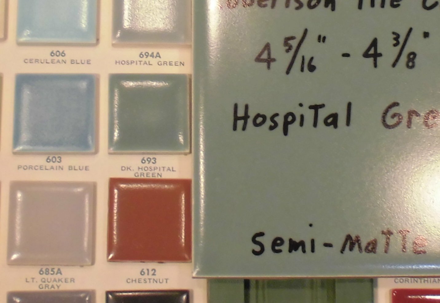 1 pc. Vintage Ceramic Tile *Hospital Green* 4-5/16″- 4-3/8″ by Robertson Co. NOS