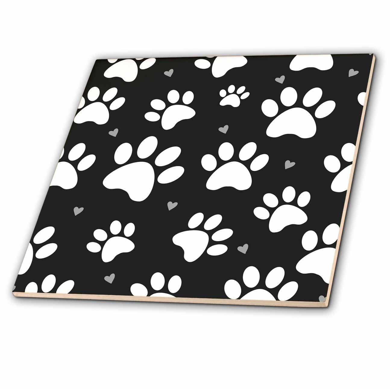 4-Inch Ceramic Tile Black and White Dog Paw Print Pattern Home Decor Tile