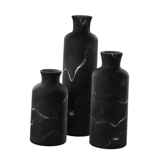 Black Marble Look Vase Set – Vases Home Decor, Premium Matte Black Marble Look