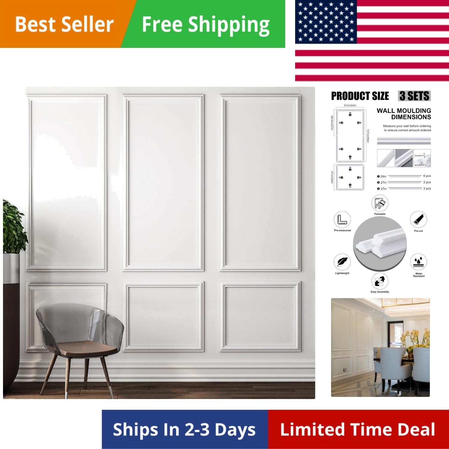 3 Set Peel and Stick Wall Molding Kit, 3D Premade Accent Molding Wainscoting …