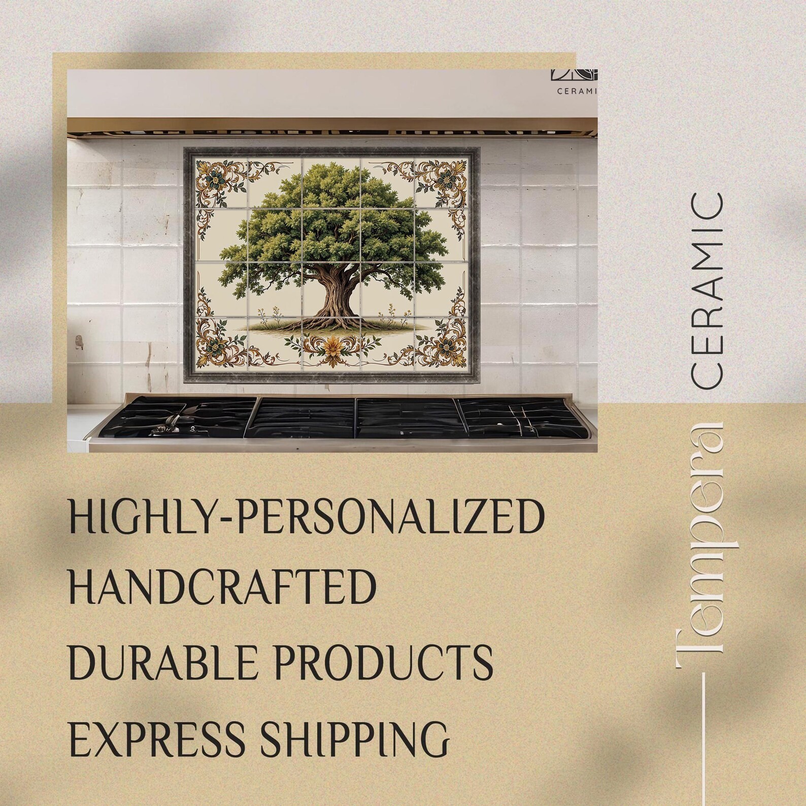 Oak Tree Backsplash Tiles with ornate details for focal point kitchen tiles art