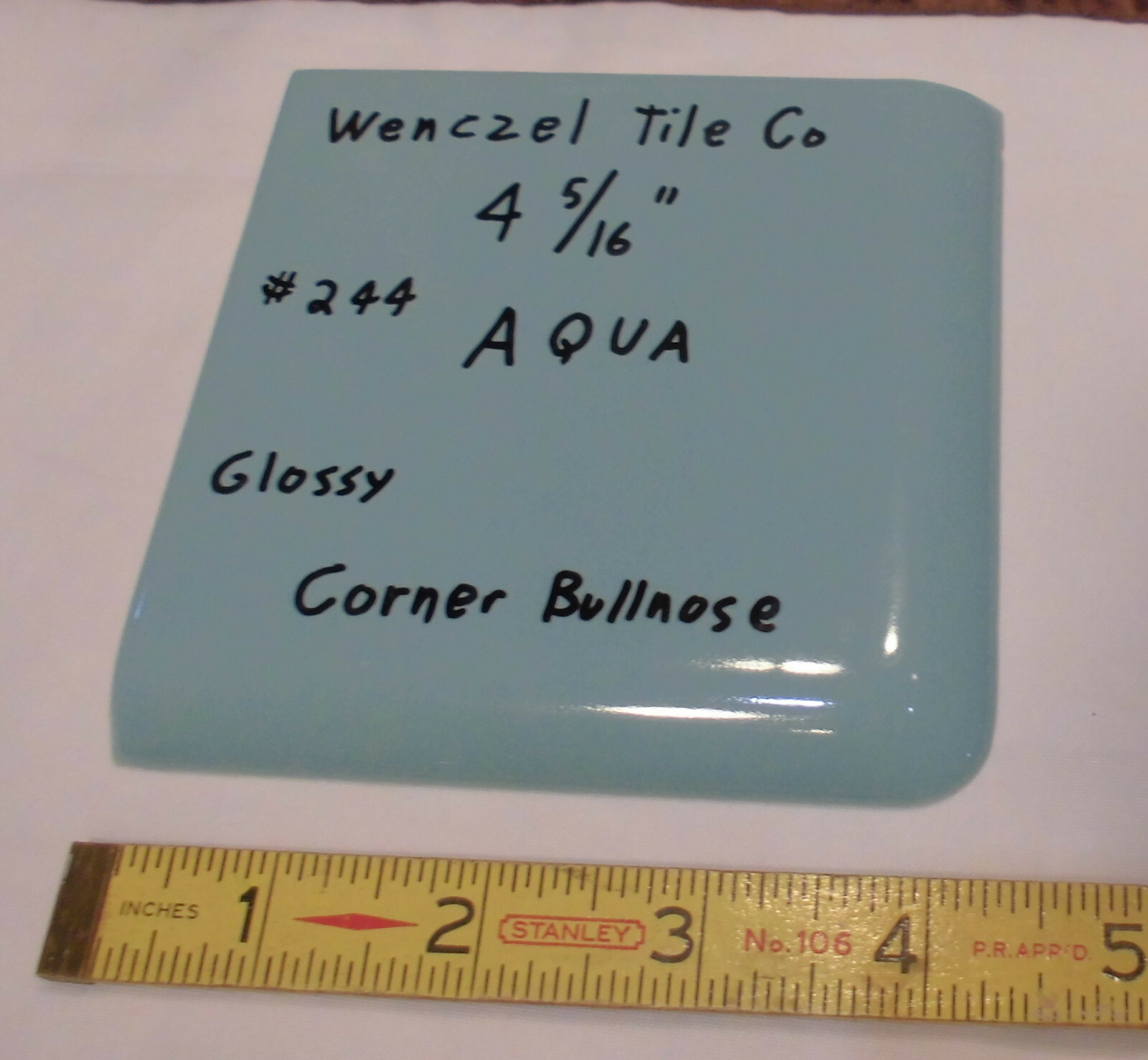 1 pc. Corner Bullnose *Blue- Aqua* Glossy Ceramic Tile by Wenczel Tile 4-5/16″