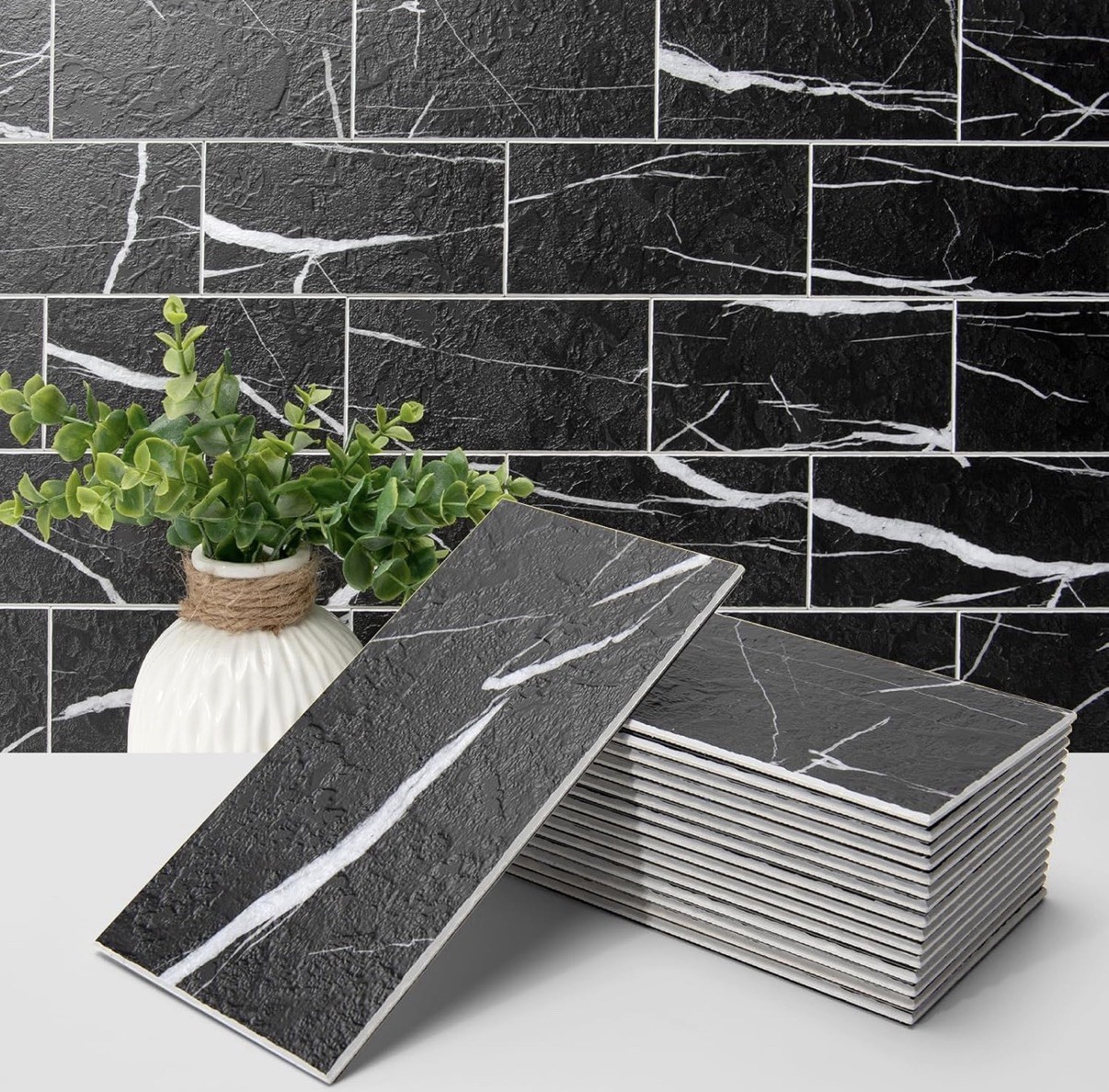 (102-PIECE) Art3d Peel And Stick Wall Tile Kitchen Backsplash 3″x6″ Black Marble